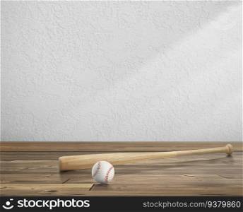 baseball ball and wooden baseball bat in white empty room wooden floor with sunlight cast shadows on wall
