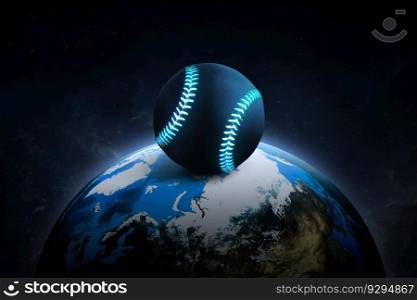 Baseball ball with bright blue glowing neon lines. on night world in outer space abstract wallpaper