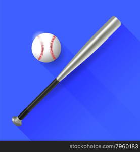 Baseball Bat and Ball Isolated on Blue Background. Long Shadow. Baseball Bat and Ball