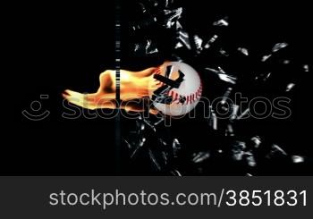 Baseball on fire breaking a glass