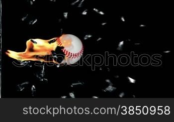 Baseball on fire breaking glass