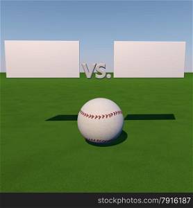 Baseball over grass field under tables for score, 3d render