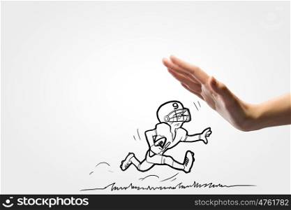Baseball player. Close up of human hand and caricature of running baseball player