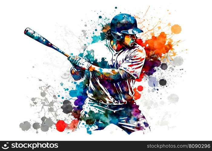 Baseball Player with multicolored paint splash, isolated on white background. Neural network AI generated art. Baseball Player with multicolored watercolor splash, isolated on white background. Neural network generated art