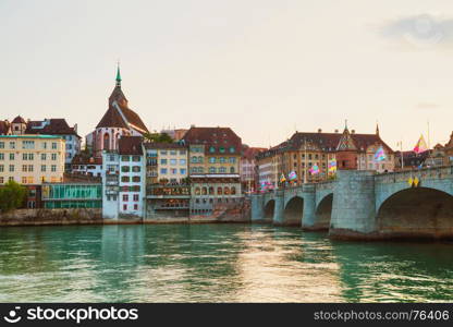 BASEL - AUGUST 25: Basel cityscape at night time on August 25, 2017 in Basel, Switzerland.