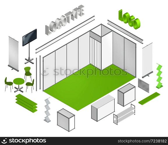 Basic exhibition stand isometric 3D template, move or flip elements and apply your own design