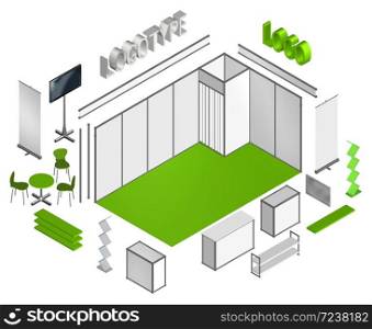 Basic exhibition stand isometric 3D template, move or flip elements and apply your own design