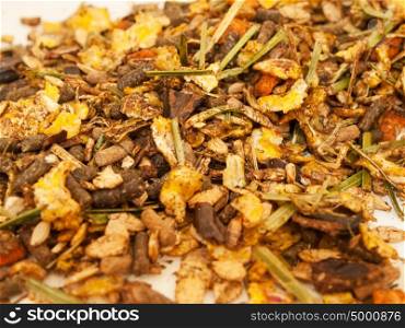 basic muesli with herbs background. for horse
