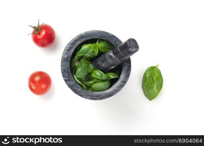 basil and garlic in mortar isolated on white background