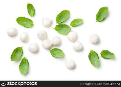 Basil and mozzarella isolated on white background. Top view