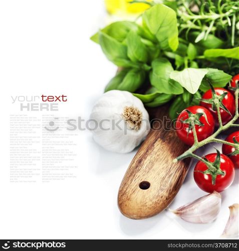 basil leaves and fresh vegetables on white background (with easy removable sample text)