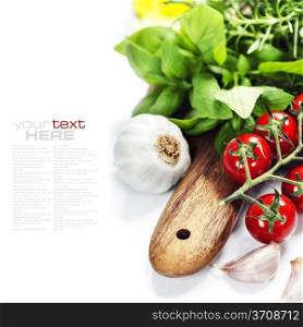 basil leaves and fresh vegetables on white background (with easy removable sample text)