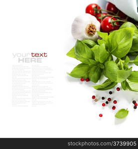 basil leaves and fresh vegetables on white background (with easy removable sample text)