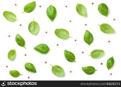 Basil leaves with red peppercorns isolated on white background. Top view. Flat lay