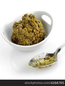 Basil Pesto Sauce In A White Bowl