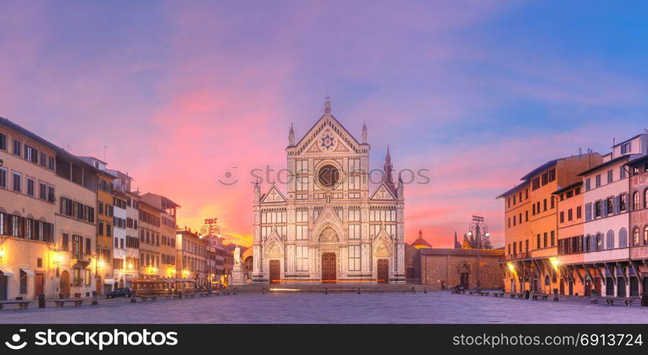 Basilica di Santa Croce at sunrise, Florence Italy. Panorama of Basilica di Santa Croce or Basilica of the Holy Cross at beautiful sunrise in Florence, Tuscany, Italy