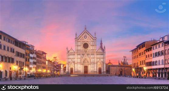 Basilica di Santa Croce at sunrise, Florence Italy. Panorama of Basilica di Santa Croce or Basilica of the Holy Cross at beautiful sunrise in Florence, Tuscany, Italy