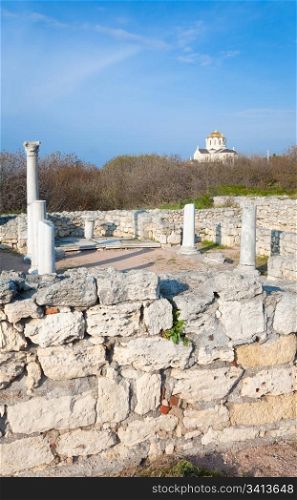 Basilica excavation in evening Chersonesos (ancient town) and St Vladimir&rsquo;s Cathedral (Sevastopol, Crimea, Ukraine)