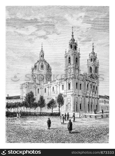Basilica of the Sacred Heart of Jesus of Estrela in Lisbon, Portugal, drawing by Catenacci based on a photograph, vintage engraved illustration. Le Tour du Monde, Travel Journal, 1881