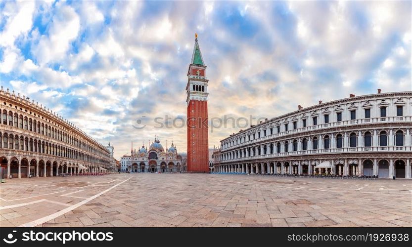 Basilica San Marco in San Marco Square sunrise panorama, Venice, Italy.