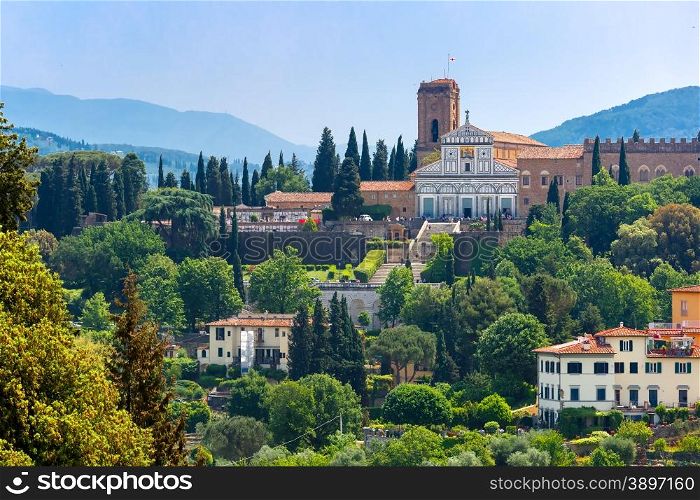 Basilica San Miniato al Monte on the south bank of the River Arno, at morning from Palazzo Vecchio in Florence, Tuscany, Italy