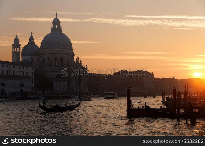 Basilica Santa Maria della Salute in Dorsoduro, Venice. Gondola and vaporetto in the Grand Channel&#xA;