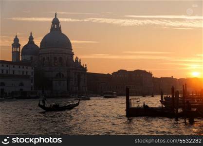 Basilica Santa Maria della Salute in Dorsoduro, Venice. Gondola and vaporetto in the Grand Channel&#xA;