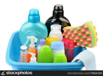 Basin and a bottle of shampoo and soap isolated on white background