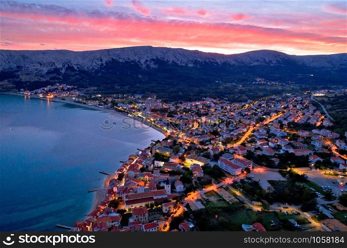Baska. Aerial sunset burning sky view of town of Baska. Island of Krk in Croatia.