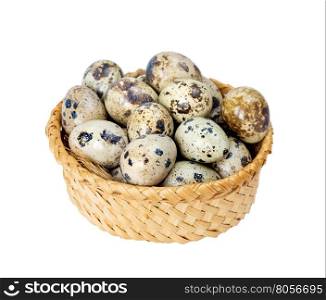 Basket full of quail eggs isolated on white background