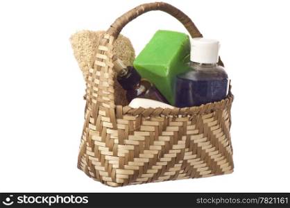 basket in a natural fibers woven with products for personal hygiene