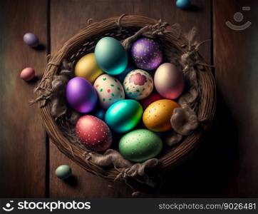 Basket of colorful Easter eggs on wooden background. Generative AI.. Basket of colorful Easter eggs on wooden background. Generative AI