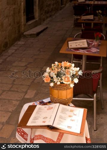Basket of flowers on a table in Dubrovnik