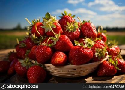 Basket of ripe strawberries in on sunny day. Generative AI