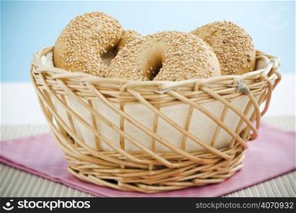 Basket of seeded bagels