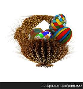 Basket of the golden ears of wheat with Easter eggs. 3d render