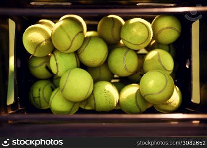 Basket with big tennis balls, top view, nobody, green court cover on background. Active healthy lifestyle, sport game with racket concept. Basket with big tennis balls, top view, nobody