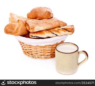 basket with buns and mug of milk on white