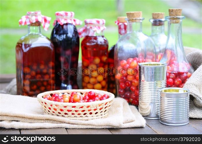 Basket with cherries to make cherry liqueur.