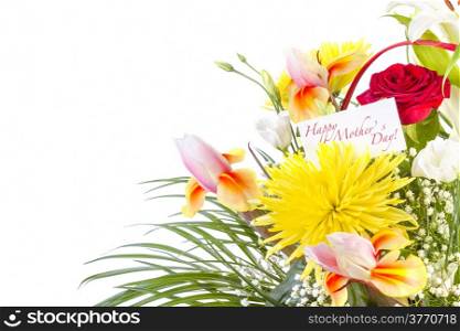 Basket with flowers for Mother on white background