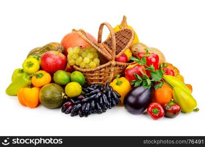 Basket with fresh fruits and vegetables isolated on a white background. The top view.