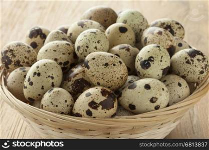 Basket with fresh raw Quail eggs close up