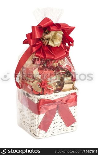Basket with gifts isolated on white background