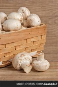 Basket with mushrooms on a wooden background