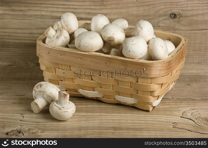 Basket with mushrooms on a wooden background