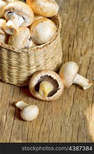 Basket with mushrooms on old wood