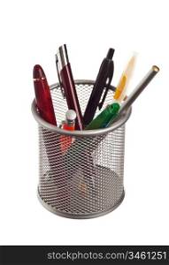 basket with pencils and pens isolated on white background