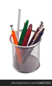 basket with pencils and pens isolated on white background