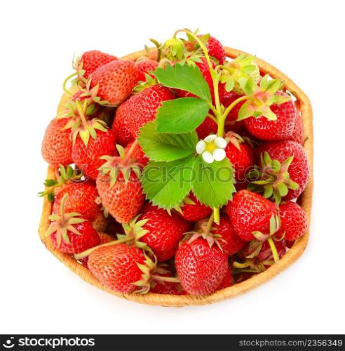 Basket with sweet ripe strawberries isolated on white background. Top view