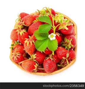 Basket with sweet ripe strawberries isolated on white background. Top view
